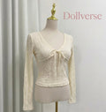 ✧ Coquette Aesthetic Mesh T Shirts Women Vintage V Neck Lace Bow Cropped Tops Y2k Sexy Slim Fit Long Sleeve Tee Shirts ✧