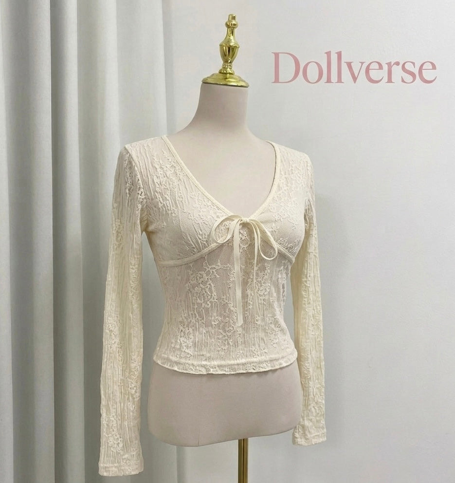 ✧ Coquette Aesthetic Mesh T Shirts Women Vintage V Neck Lace Bow Cropped Tops Y2k Sexy Slim Fit Long Sleeve Tee Shirts ✧
