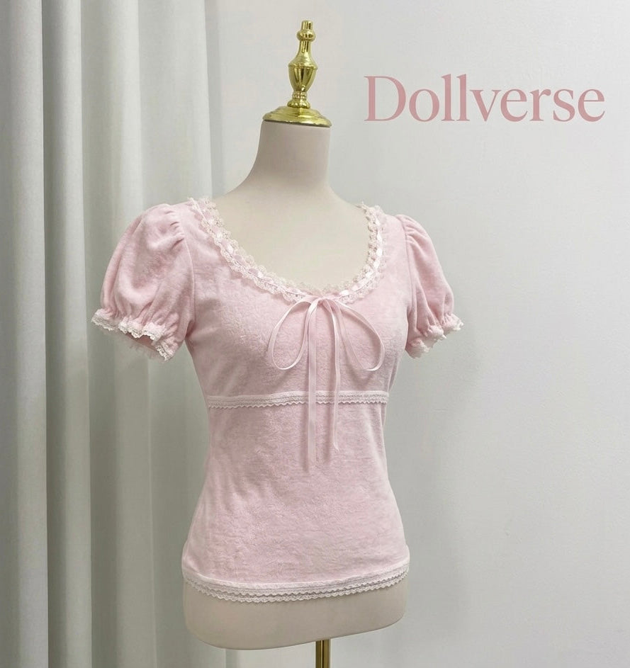 ✧ Deeptown Coquette Sweet T-shirts Women Pink Kawaii Bow Elegant Short Sleeve Tees Korean Fashion Lace Patchwork Slim T-Shirts ✧