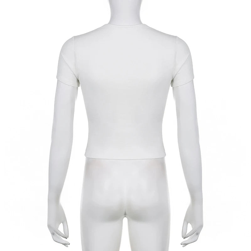 Casual White Knitted Lac Patched Female T-shirts Y2K Korean Style Slim Tie Up Shirring Summer Top Tee Folds Outfits