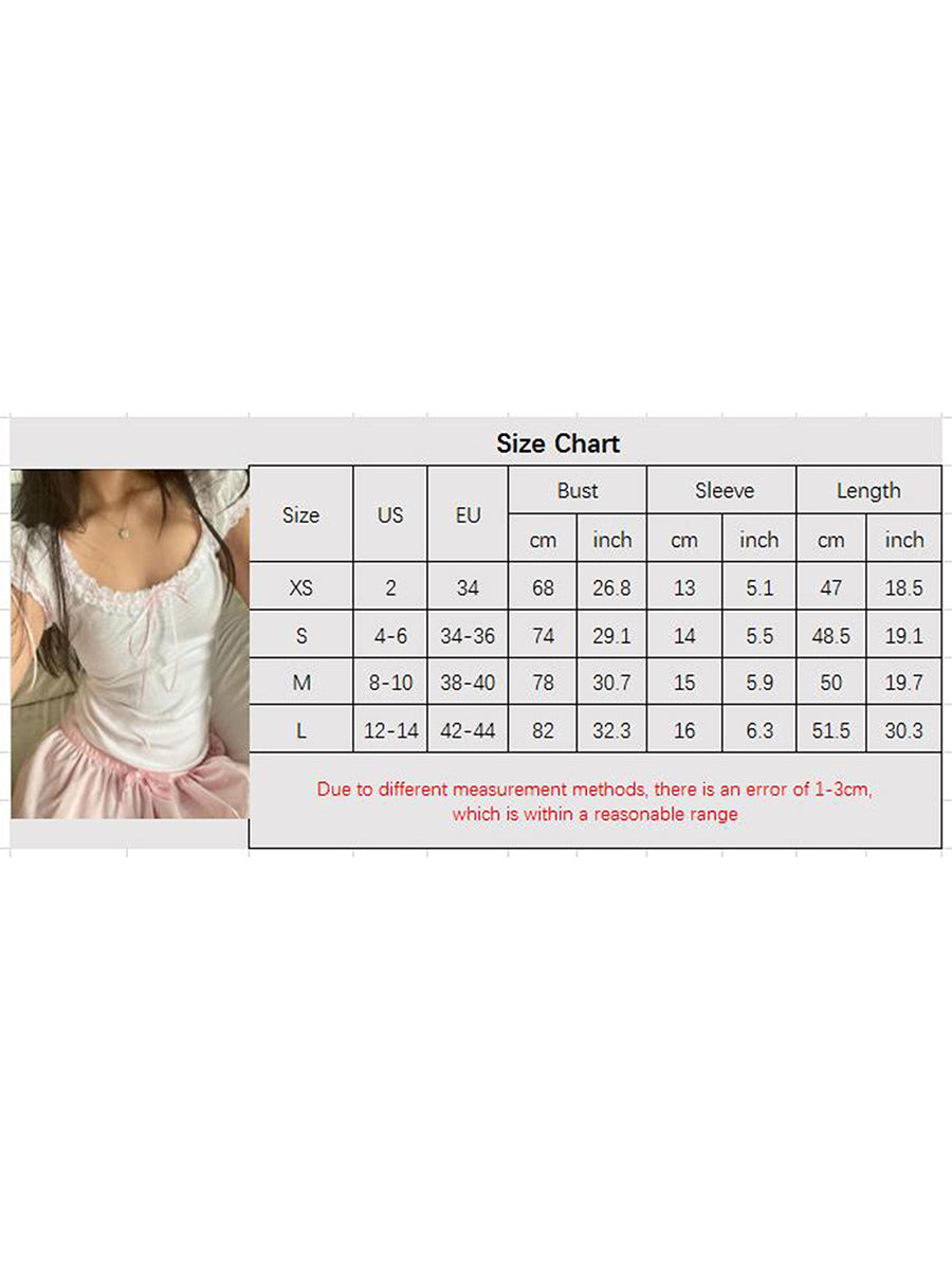 Women Cute White Lace Trim T-Shirts Cap Sleeve Scoop Neck 90s Vintage Slim Fit Bow T-Shirts Chic Y2K Fairy Core Crop Tops