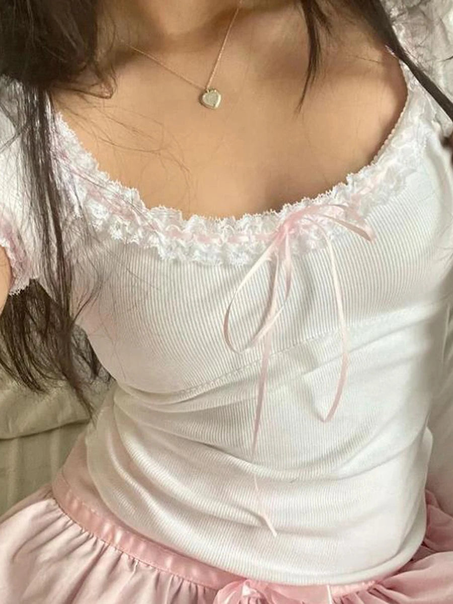 Women Cute White Lace Trim T-Shirts Cap Sleeve Scoop Neck 90s Vintage Slim Fit Bow T-Shirts Chic Y2K Fairy Core Crop Tops