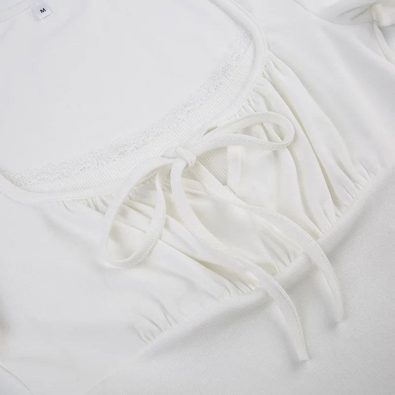 Casual White Knitted Lac Patched Female T-shirts Y2K Korean Style Slim Tie Up Shirring Summer Top Tee Folds Outfits