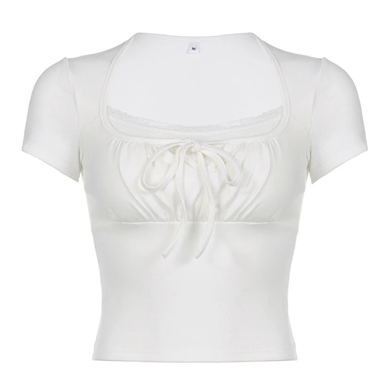 Casual White Knitted Lac Patched Female T-shirts Y2K Korean Style Slim Tie Up Shirring Summer Top Tee Folds Outfits