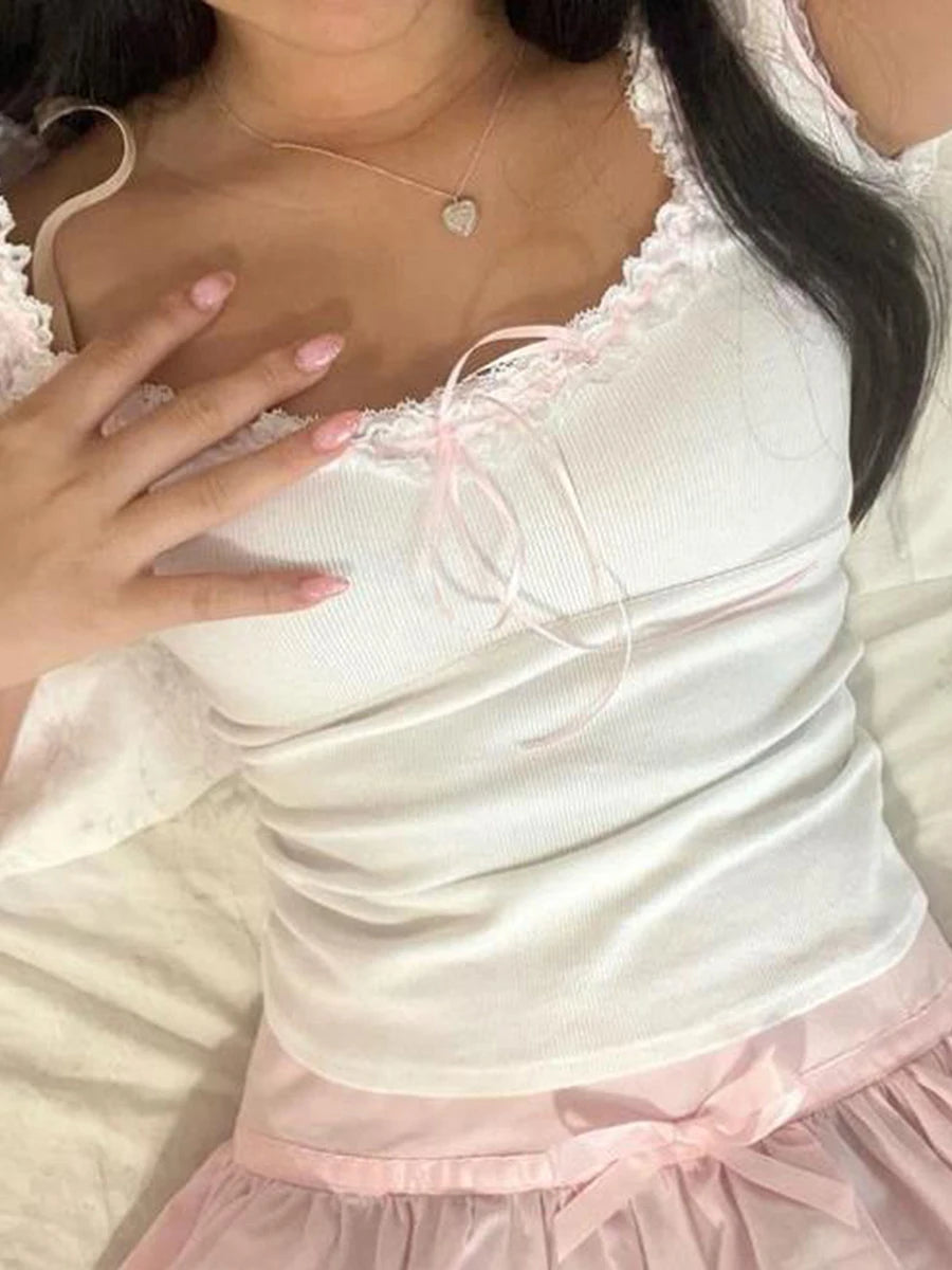 Women Cute White Lace Trim T-Shirts Cap Sleeve Scoop Neck 90s Vintage Slim Fit Bow T-Shirts Chic Y2K Fairy Core Crop Tops