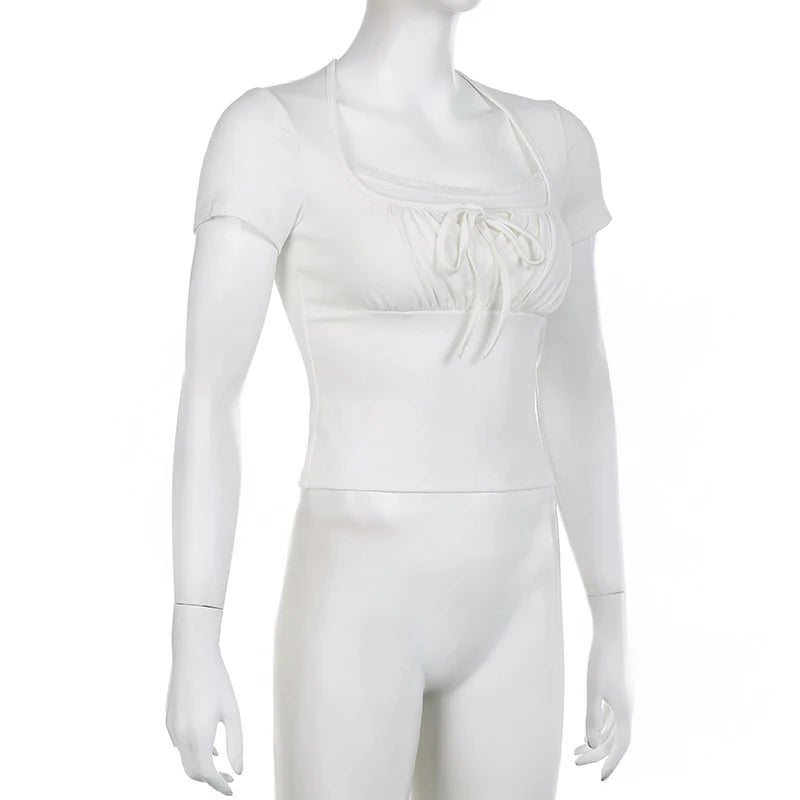 Casual White Knitted Lac Patched Female T-shirts Y2K Korean Style Slim Tie Up Shirring Summer Top Tee Folds Outfits