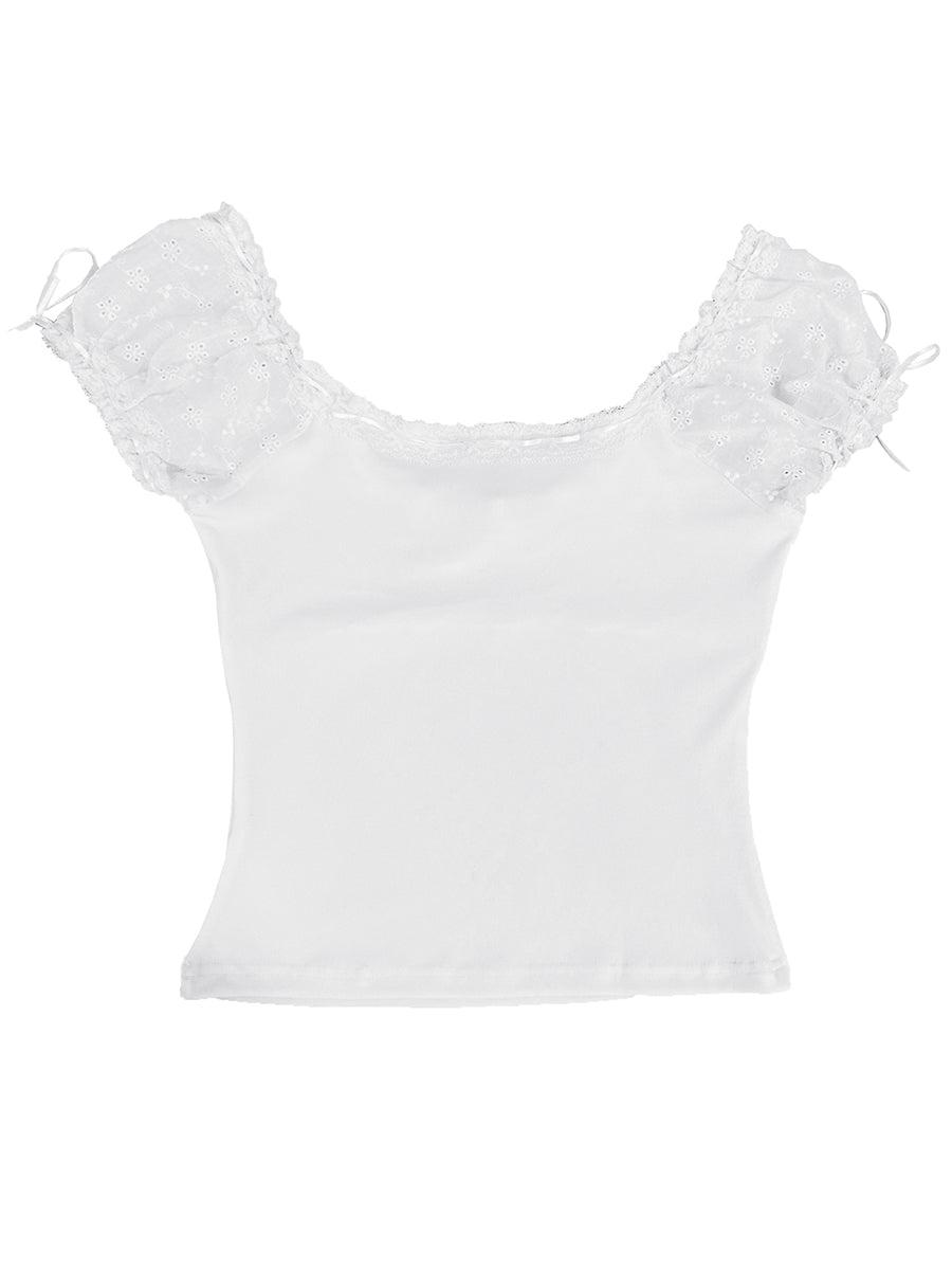 Women Cute White Lace Trim T-Shirts Cap Sleeve Scoop Neck 90s Vintage Slim Fit Bow T-Shirts Chic Y2K Fairy Core Crop Tops