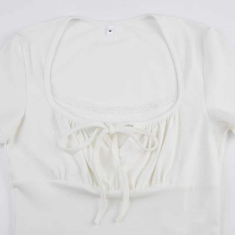 Casual White Knitted Lac Patched Female T-shirts Y2K Korean Style Slim Tie Up Shirring Summer Top Tee Folds Outfits