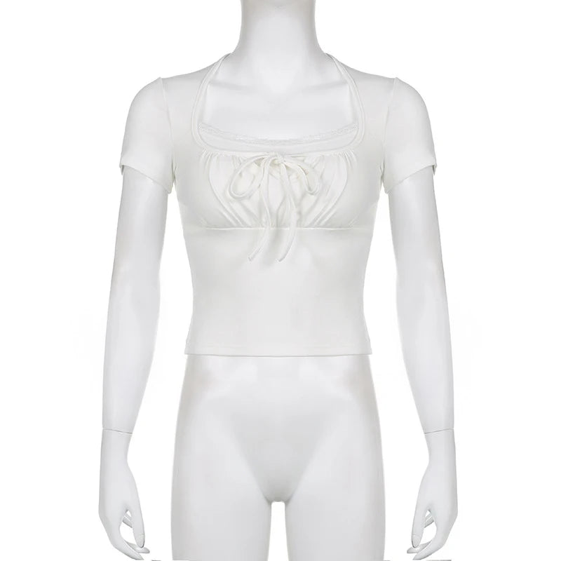 Casual White Knitted Lac Patched Female T-shirts Y2K Korean Style Slim Tie Up Shirring Summer Top Tee Folds Outfits